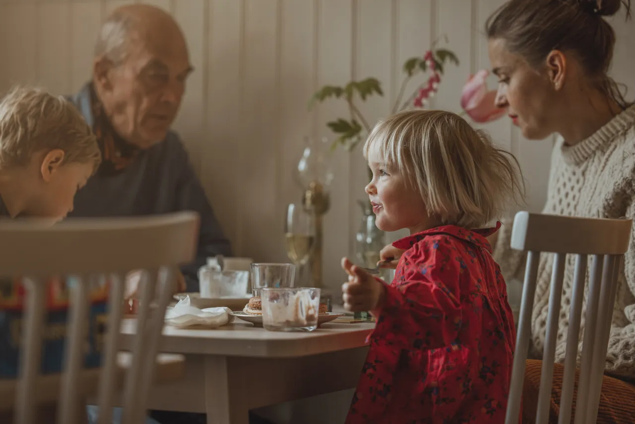 Flera personer sitter runt bord på Villa Söderåsen i Röstånga, tallrikar och fika i ett ljust rum med blommor i vas.