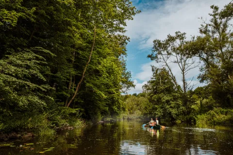 Två personer paddlar kanot på Rönne Å nära Röstånga omgiven av tät grön skog, med blå himmel och moln ovanför.
